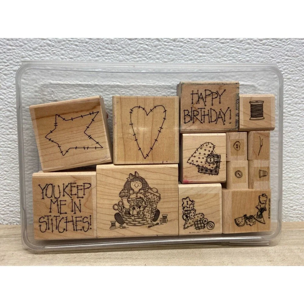 Set Of 13 Mixed Brands Wood Mounted Rubber Stamps - Picture 1 of 4